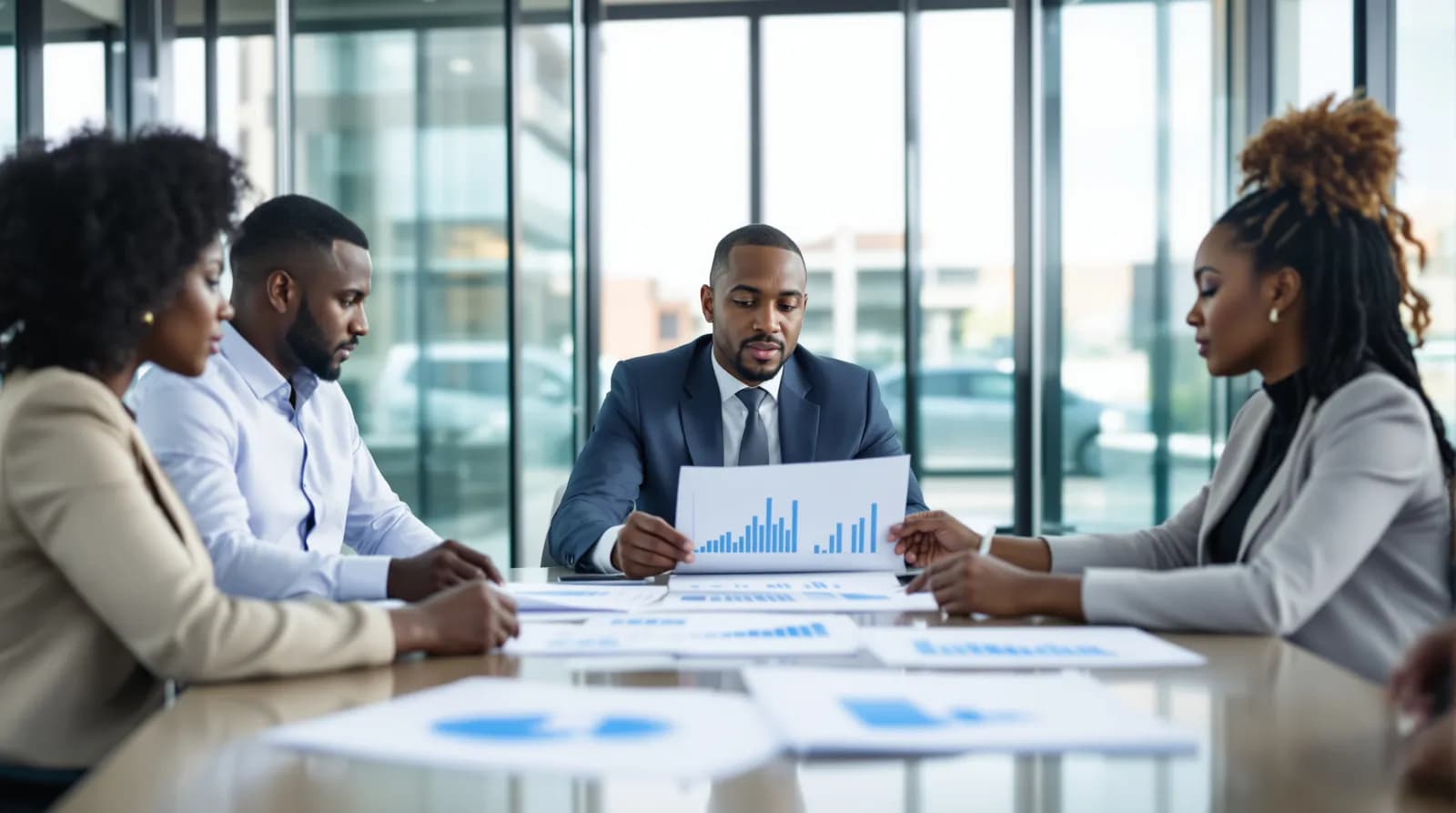 Investment committee reviewing reports in a glass boardroom