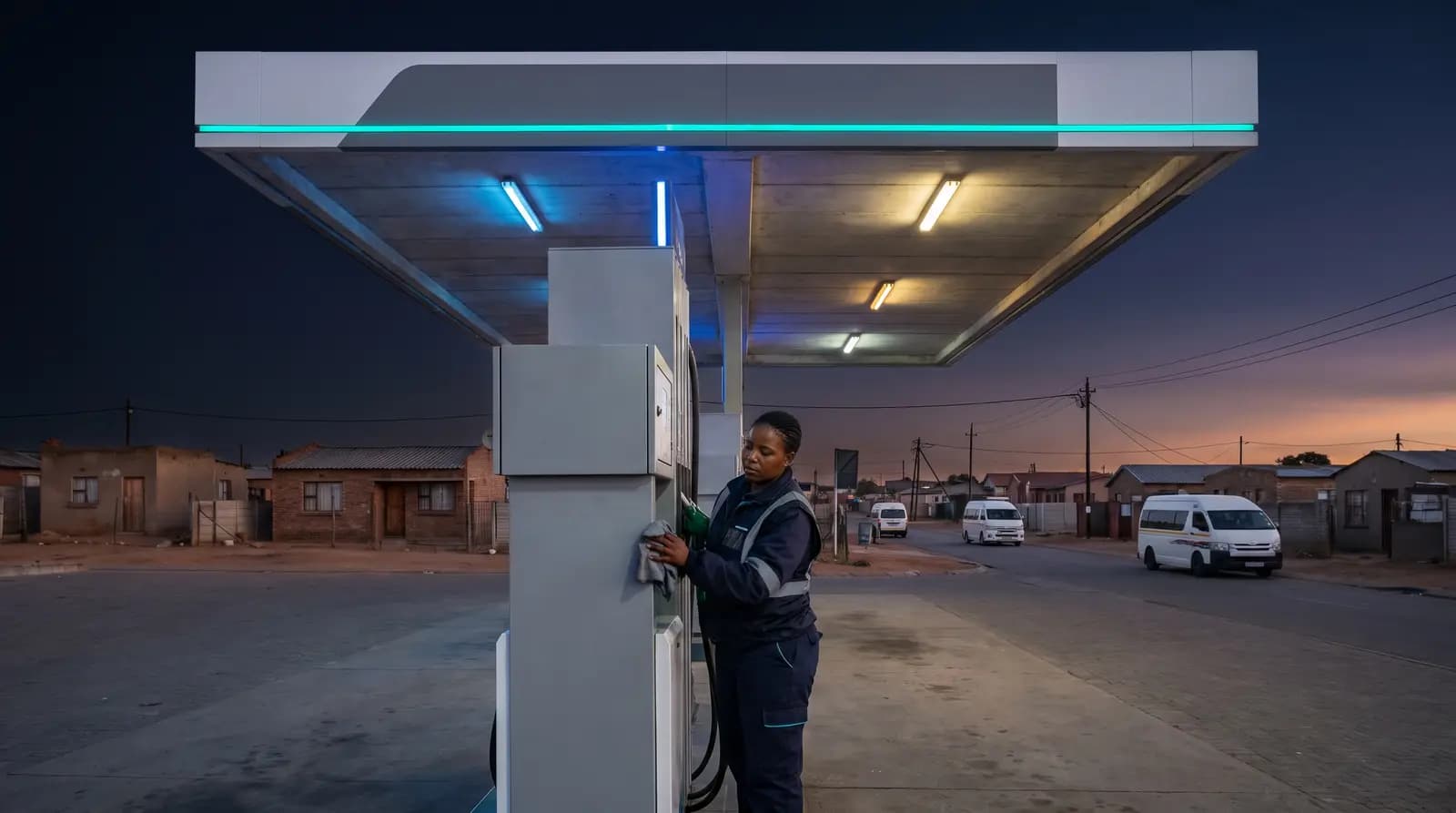 An attendant at a pump on an unbranded forecourt at dawn