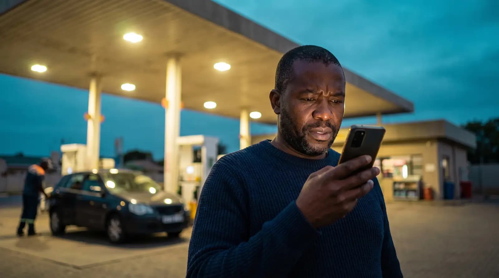 A station owner reading a LitreIQ alert on his phone on the forecourt at dusk