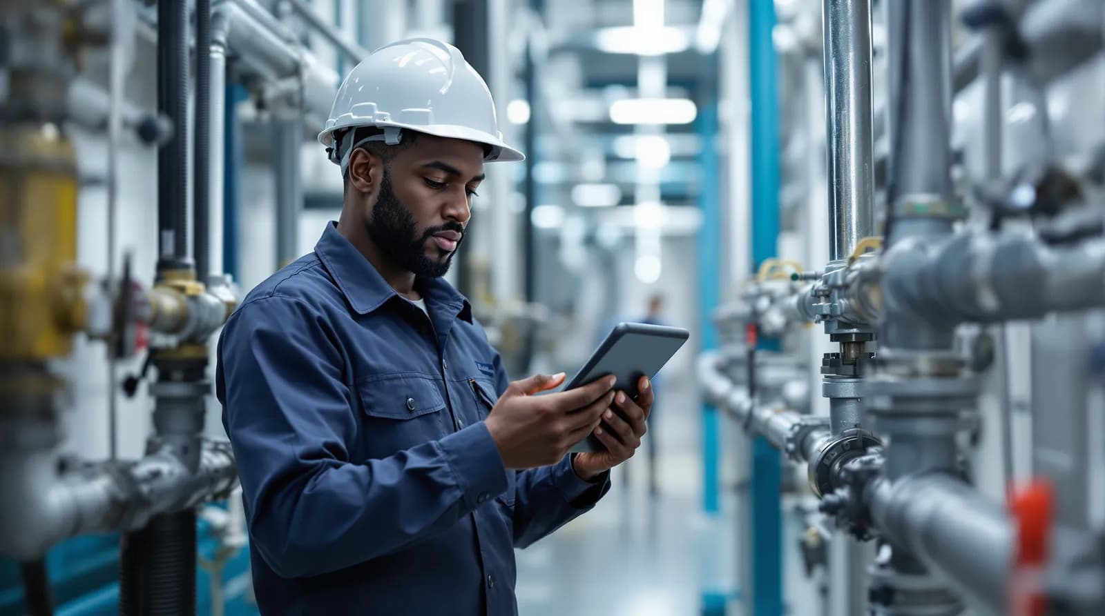 Facilities technician capturing job evidence on a tablet