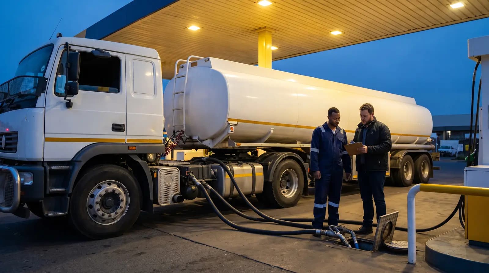 A fuel tanker delivery being checked on an unbranded forecourt at dusk